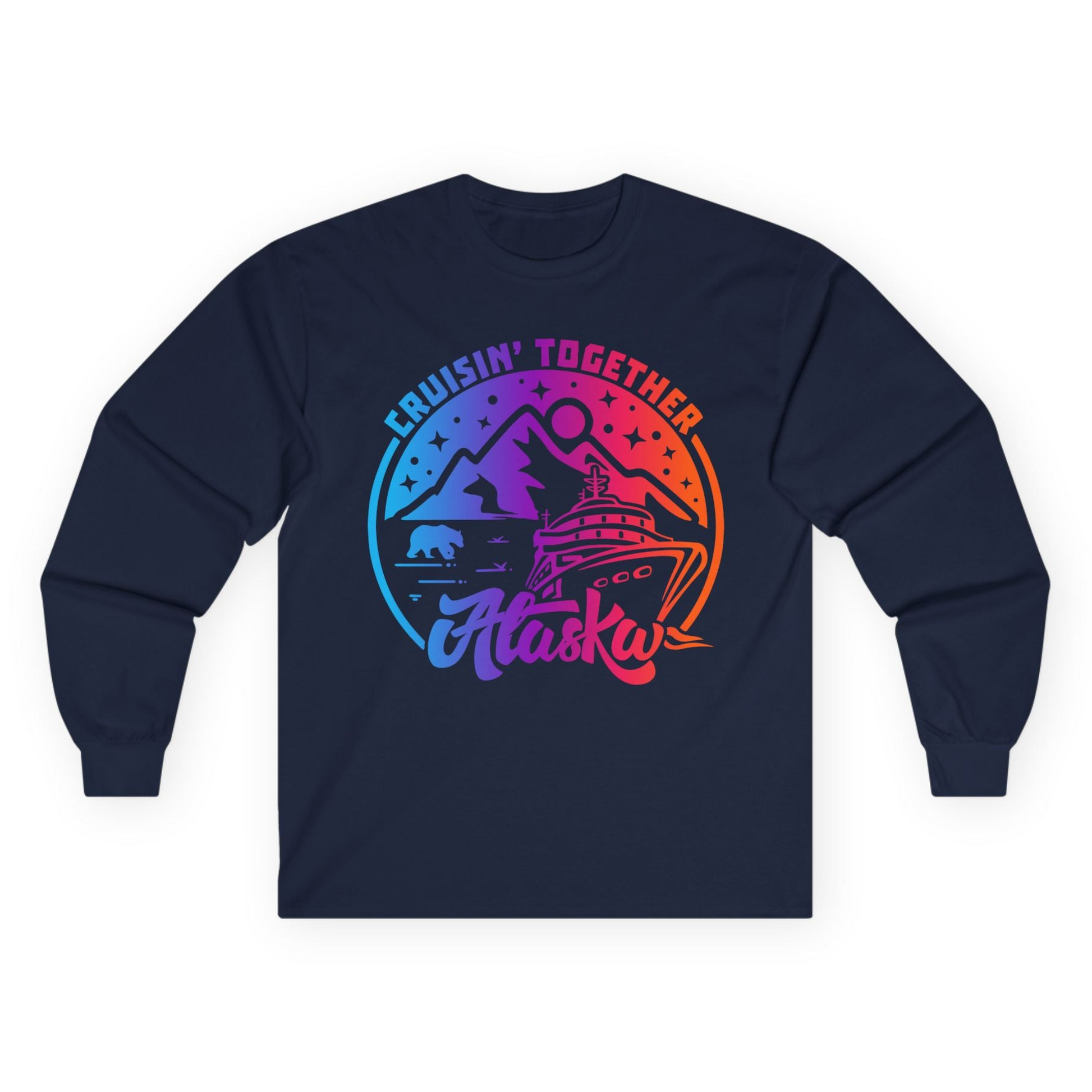 Alaska Cruise Shirt - Mountain Scenery Retro Wildlife Gradient Design Long Sleeve Shirt – Navy – Alaska Cruise Shirts