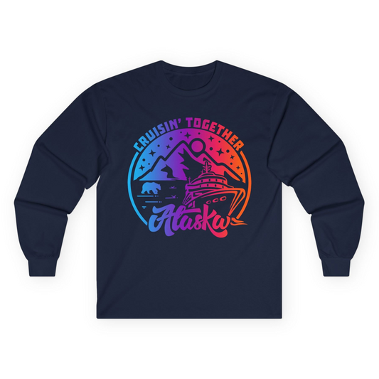 Alaska Cruise Shirt - Mountain Scenery Retro Wildlife Gradient Design Long Sleeve Shirt – Navy – Alaska Cruise Shirts