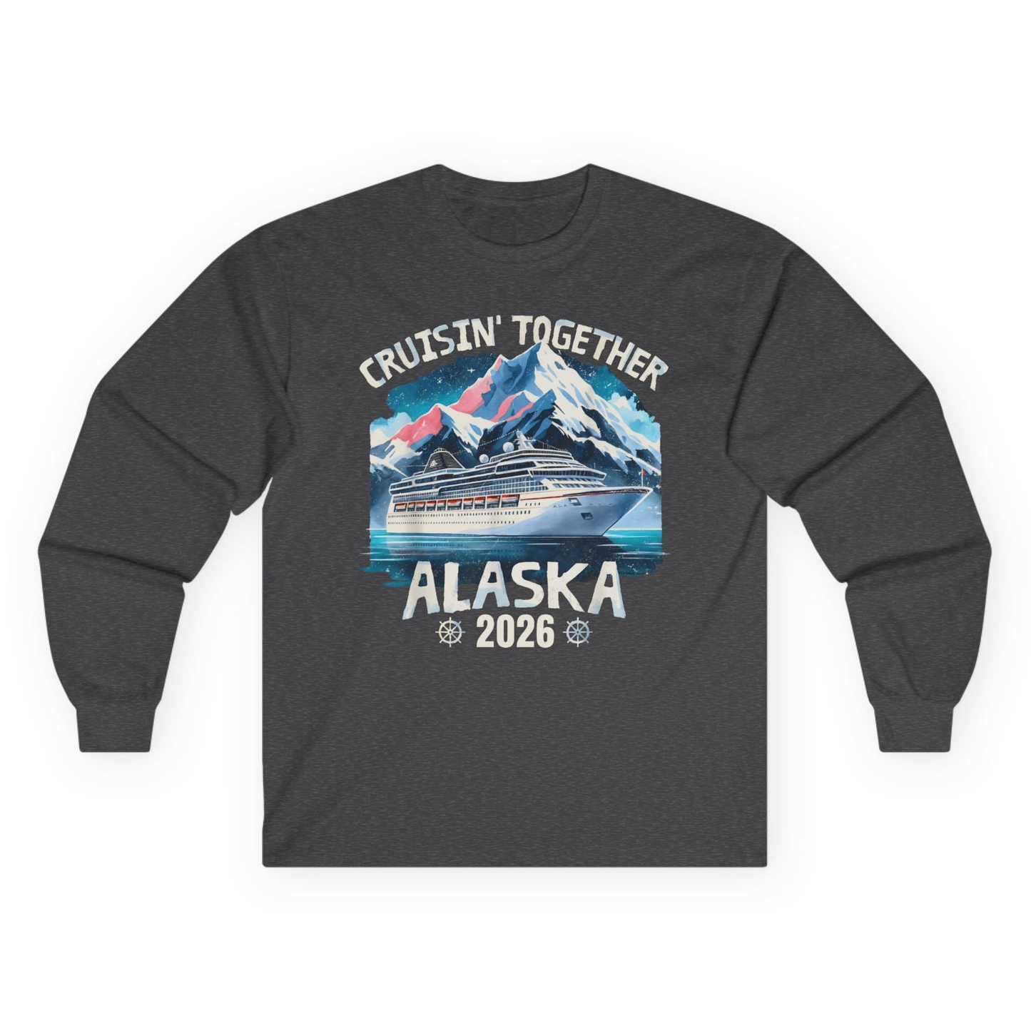 Alaska Cruise 2026 Shirt - Vintage Mountains and Cruise Ship Adventure Long Sleeve Shirt – Dark Heather – Alaska Cruise Shirts