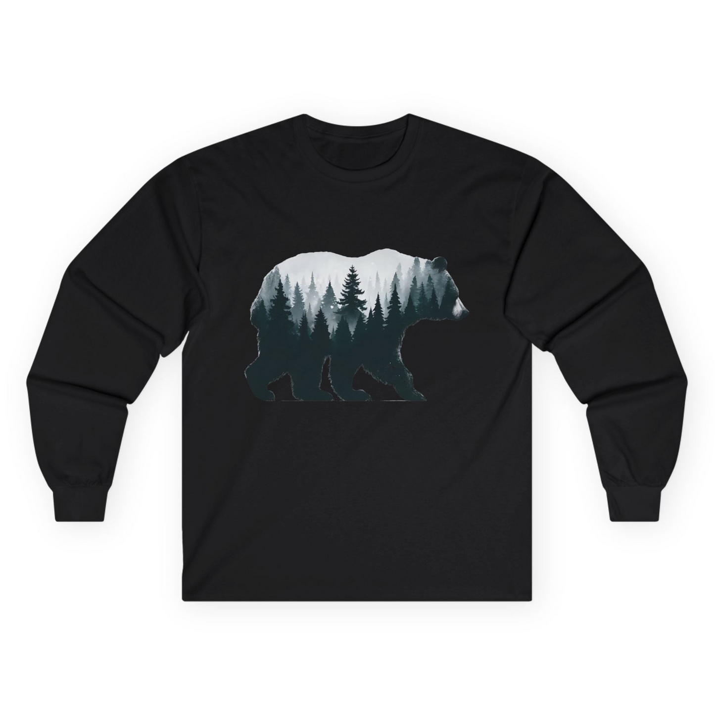 Double Exposure Bear Forest Silhouette Wilderness Shirt for Nature Lovers Long Sleeve Shirt – Black – Alaska Cruise Shirts