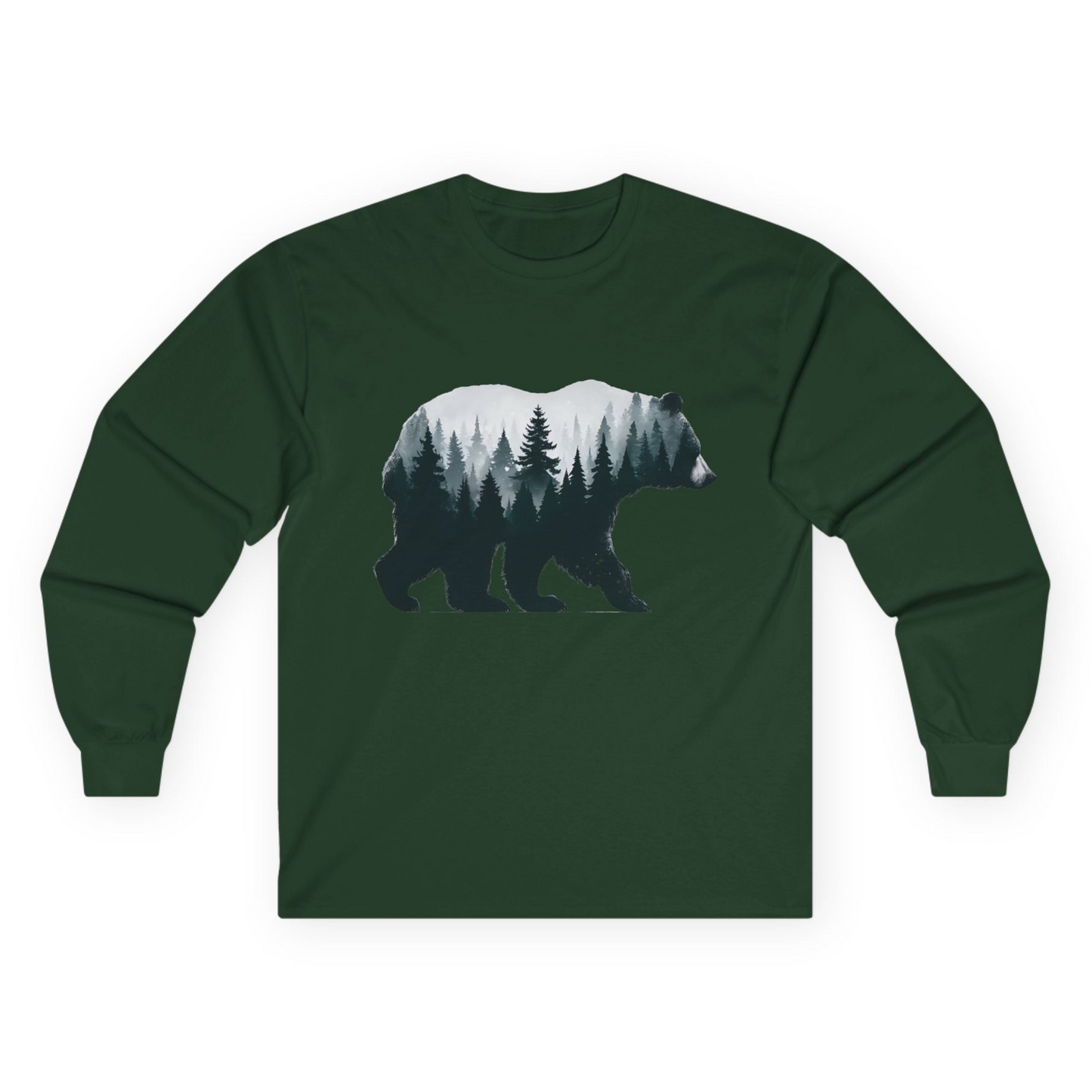 Double Exposure Bear Forest Silhouette Wilderness Shirt for Nature Lovers Long Sleeve Shirt – Forest Green – Alaska Cruise Shirts