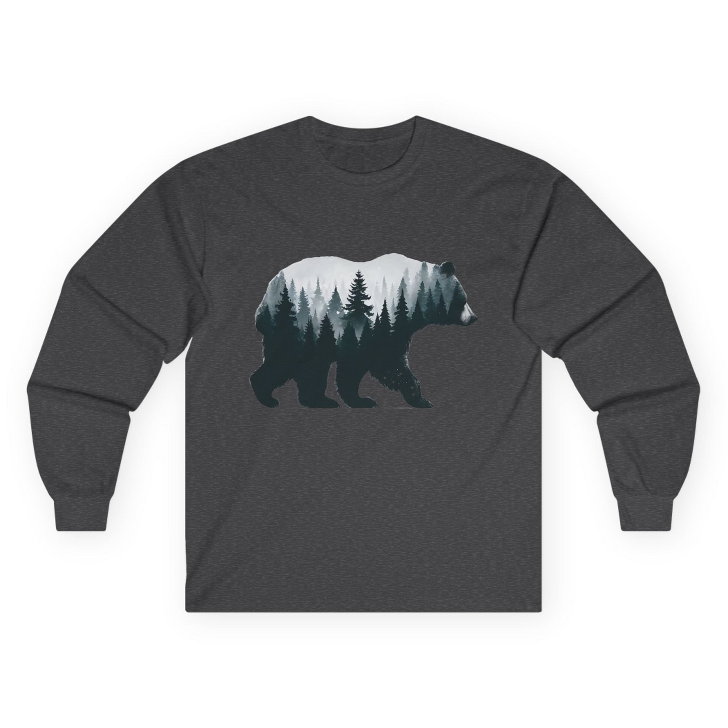 Double Exposure Bear Forest Silhouette Wilderness Shirt for Nature Lovers Long Sleeve Shirt – Dark Heather – Alaska Cruise Shirts