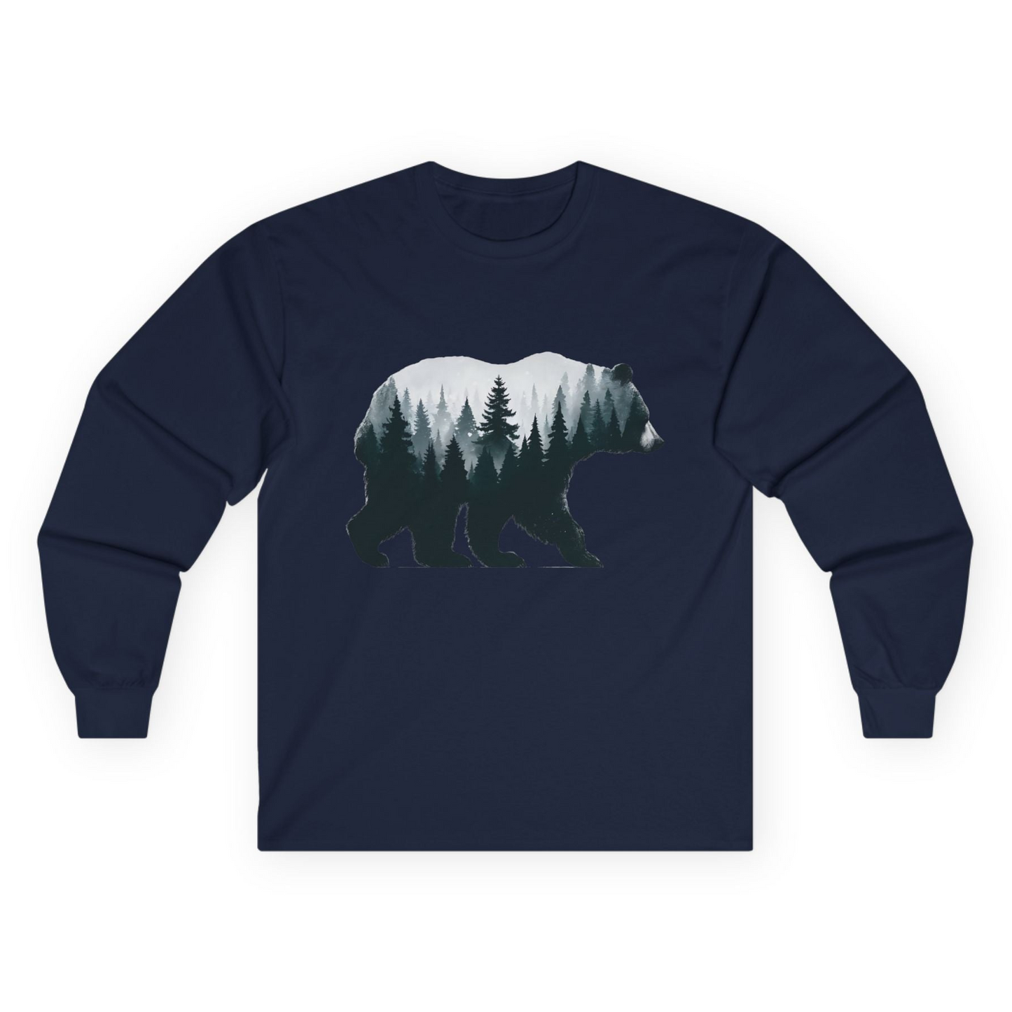 Double Exposure Bear Forest Silhouette Wilderness Shirt for Nature Lovers Long Sleeve Shirt – Navy – Alaska Cruise Shirts