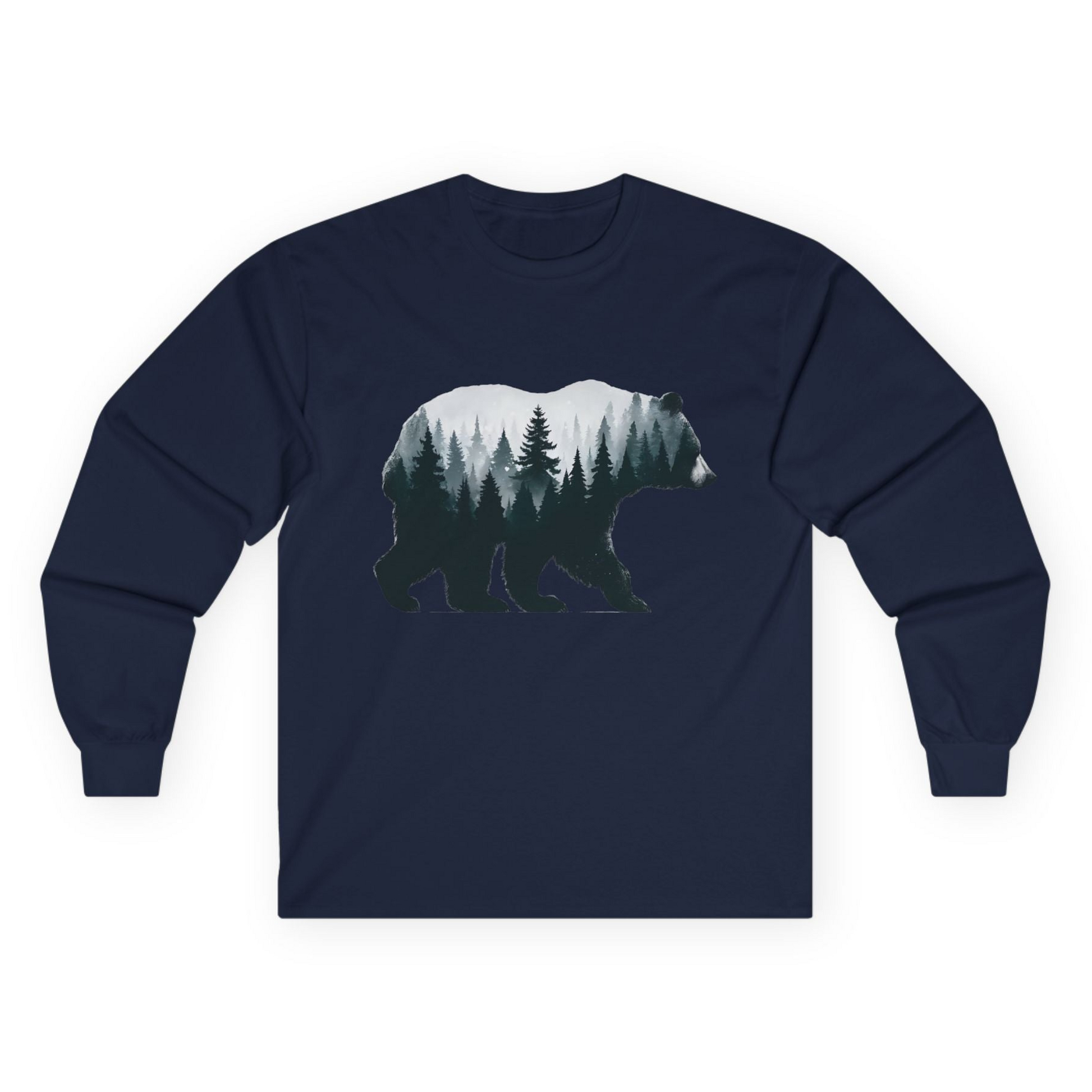 Double Exposure Bear Forest Silhouette Wilderness Shirt for Nature Lovers Long Sleeve Shirt – Navy – Alaska Cruise Shirts