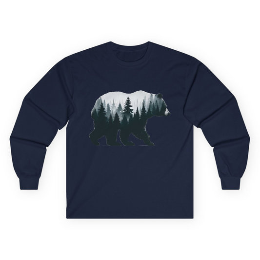 Double Exposure Bear Forest Silhouette Wilderness Shirt for Nature Lovers Long Sleeve Shirt – Navy – Alaska Cruise Shirts