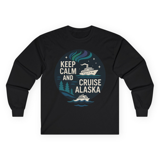 Keep Calm Cruise Alaska Shirt - Northern Lights Pine Trees Retro Tee Long Sleeve Shirt – Black – Alaska Cruise Shirts
