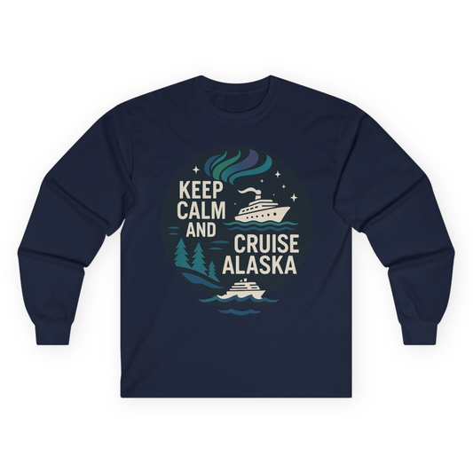 Keep Calm Cruise Alaska Shirt - Northern Lights Pine Trees Retro Tee Long Sleeve Shirt – Navy – Alaska Cruise Shirts