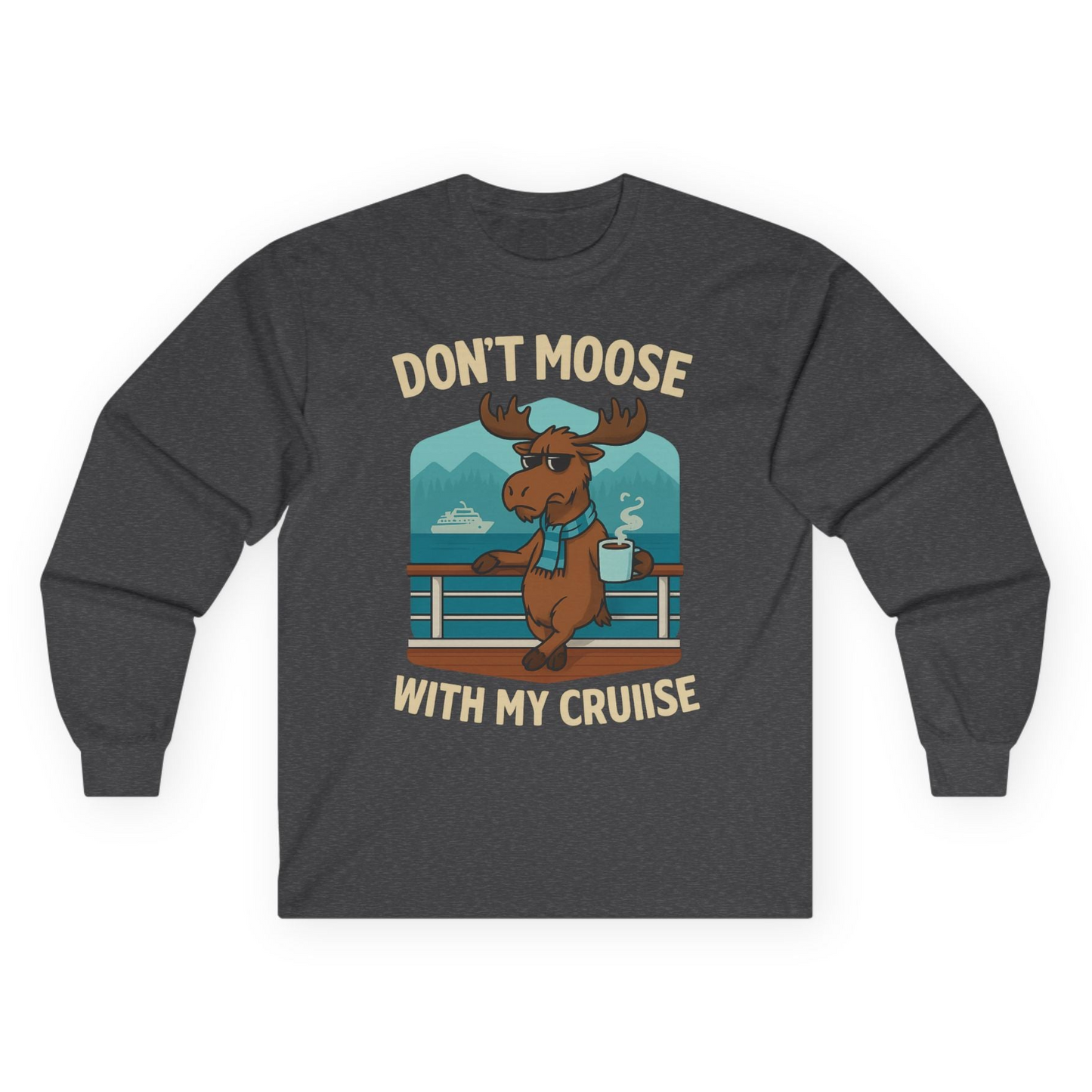Funny Moose on Alaska Cruise Ship Shirt - Coffee Mountains Cartoon Tee Long Sleeve Shirt – Dark Heather – Alaska Cruise Shirts