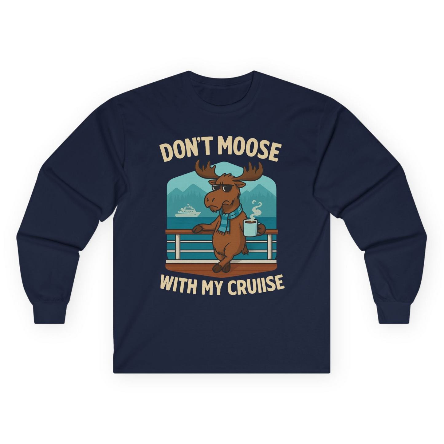 Funny Moose on Alaska Cruise Ship Shirt - Coffee Mountains Cartoon Tee Long Sleeve Shirt – Navy – Alaska Cruise Shirts