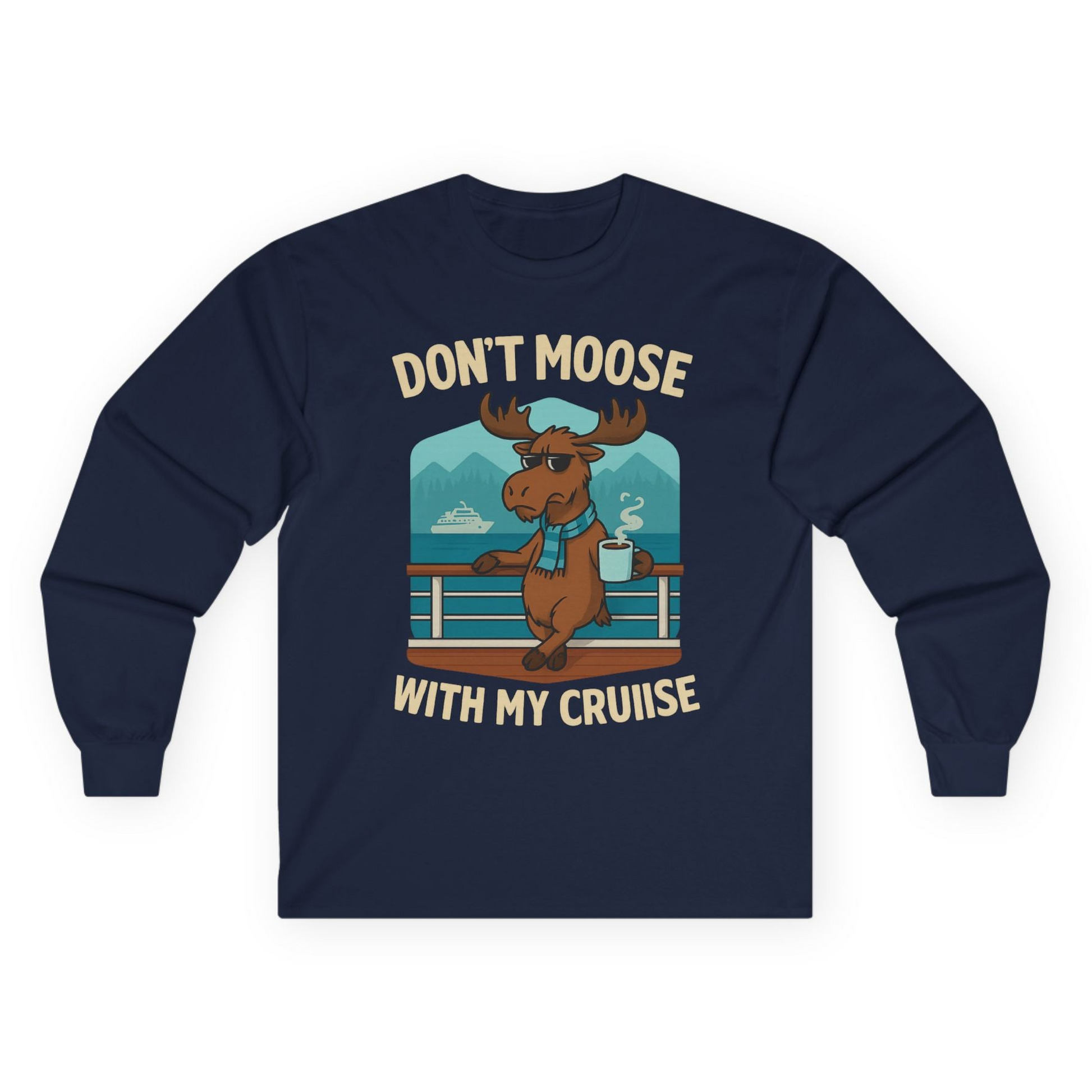 Funny Moose on Alaska Cruise Ship Shirt - Coffee Mountains Cartoon Tee Long Sleeve Shirt – Navy – Alaska Cruise Shirts