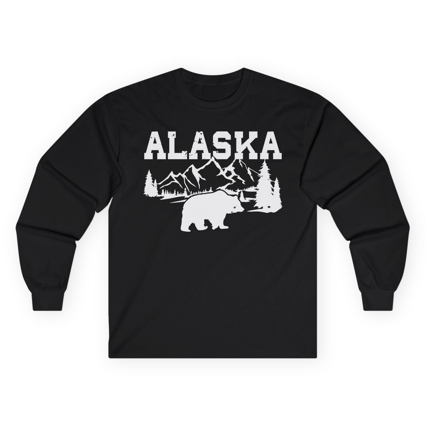 Alaska Bear Shirt - Wilderness Mountains and Trees Nature Silhouette Tee Long Sleeve Shirt – Black – Alaska Cruise Shirts