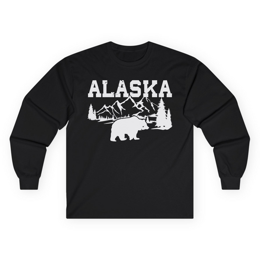 Alaska Bear Shirt - Wilderness Mountains and Trees Nature Silhouette Tee Long Sleeve Shirt – Black – Alaska Cruise Shirts