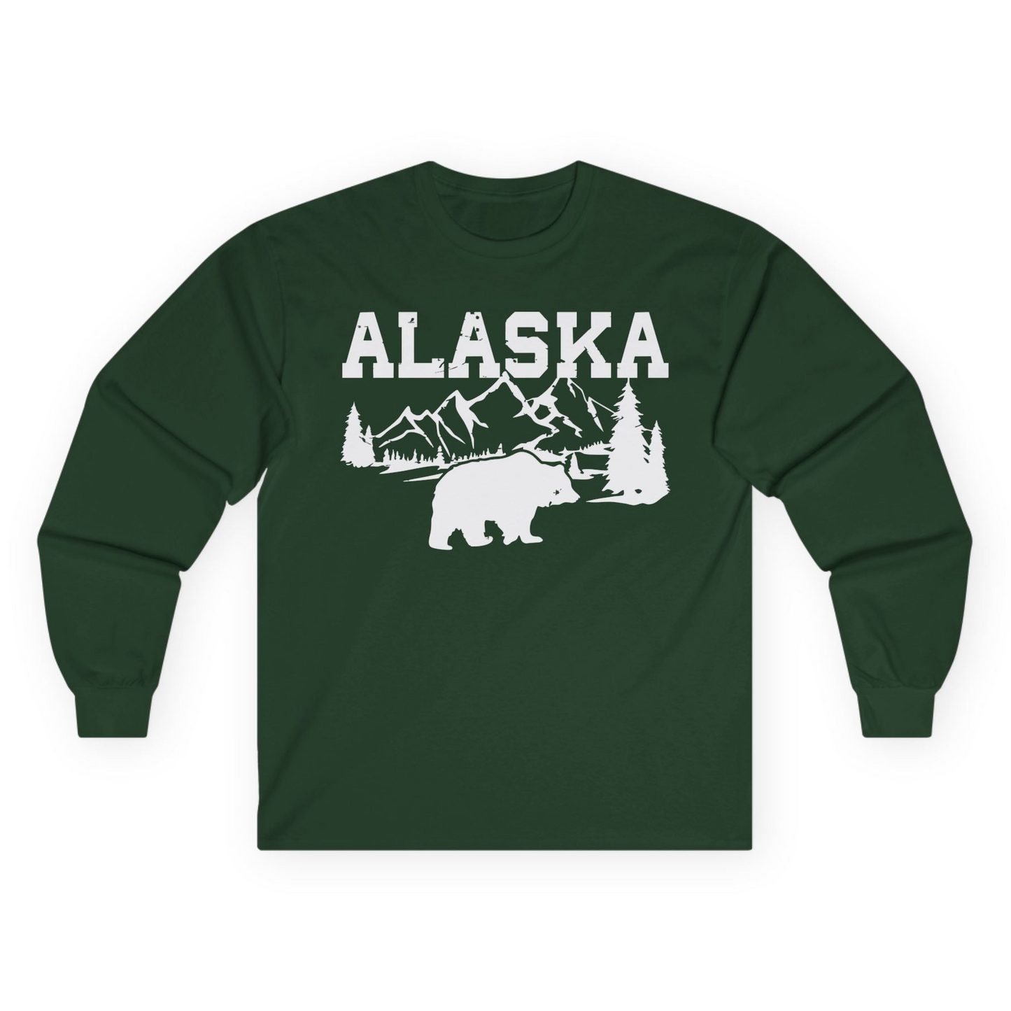Alaska Bear Shirt - Wilderness Mountains and Trees Nature Silhouette Tee Long Sleeve Shirt – Forest Green – Alaska Cruise Shirts