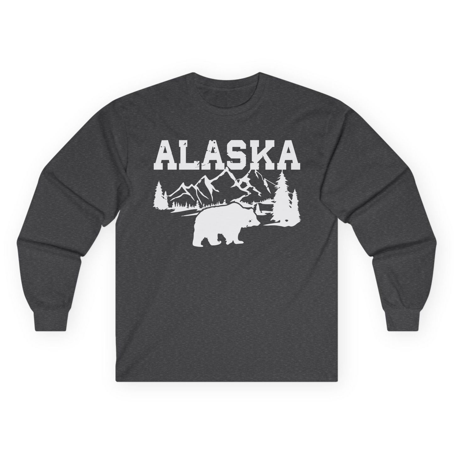 Alaska Bear Shirt - Wilderness Mountains and Trees Nature Silhouette Tee Long Sleeve Shirt – Dark Heather – Alaska Cruise Shirts