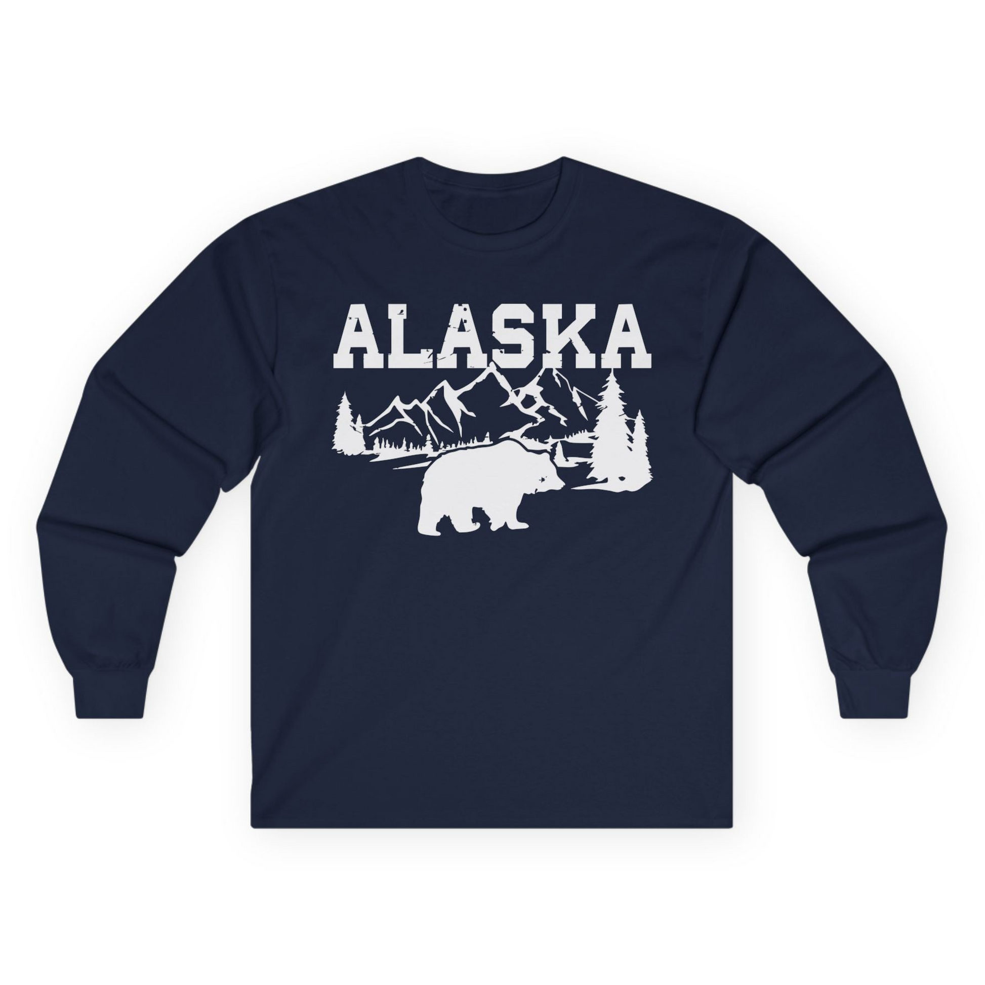 Alaska Bear Shirt - Wilderness Mountains and Trees Nature Silhouette Tee Long Sleeve Shirt – Navy – Alaska Cruise Shirts