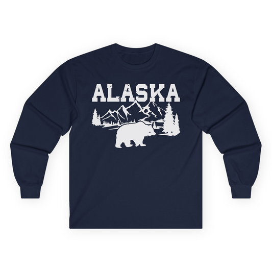 Alaska Bear Shirt - Wilderness Mountains and Trees Nature Silhouette Tee Long Sleeve Shirt – Navy – Alaska Cruise Shirts