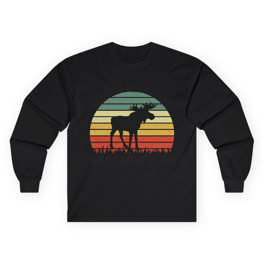 Alaska Is Calling And I Moose Go Retro Sunset Moose Graphic Shirt Long Sleeve Shirt – Black – Alaska Cruise Shirts