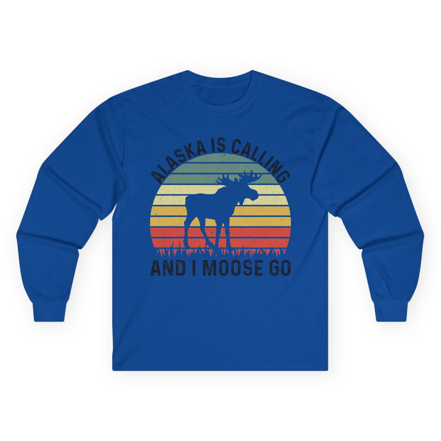 Alaska Is Calling And I Moose Go Retro Sunset Moose Graphic Shirt Long Sleeve Shirt – Royal – Alaska Cruise Shirts