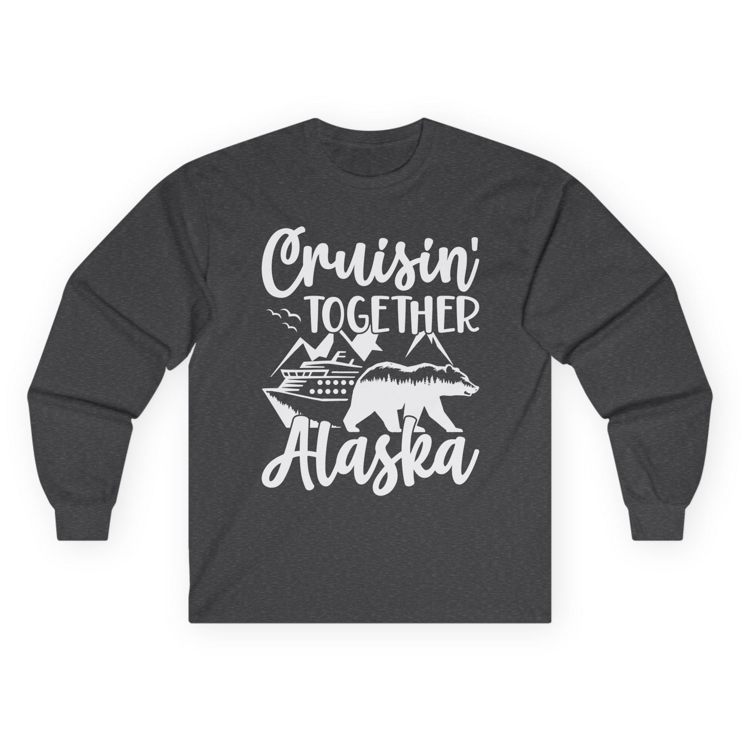 Alaska Cruise Adventure Shirt - Cruisin Together Bear Mountains Scene Long Sleeve Shirt – Dark Heather – Alaska Cruise Shirts
