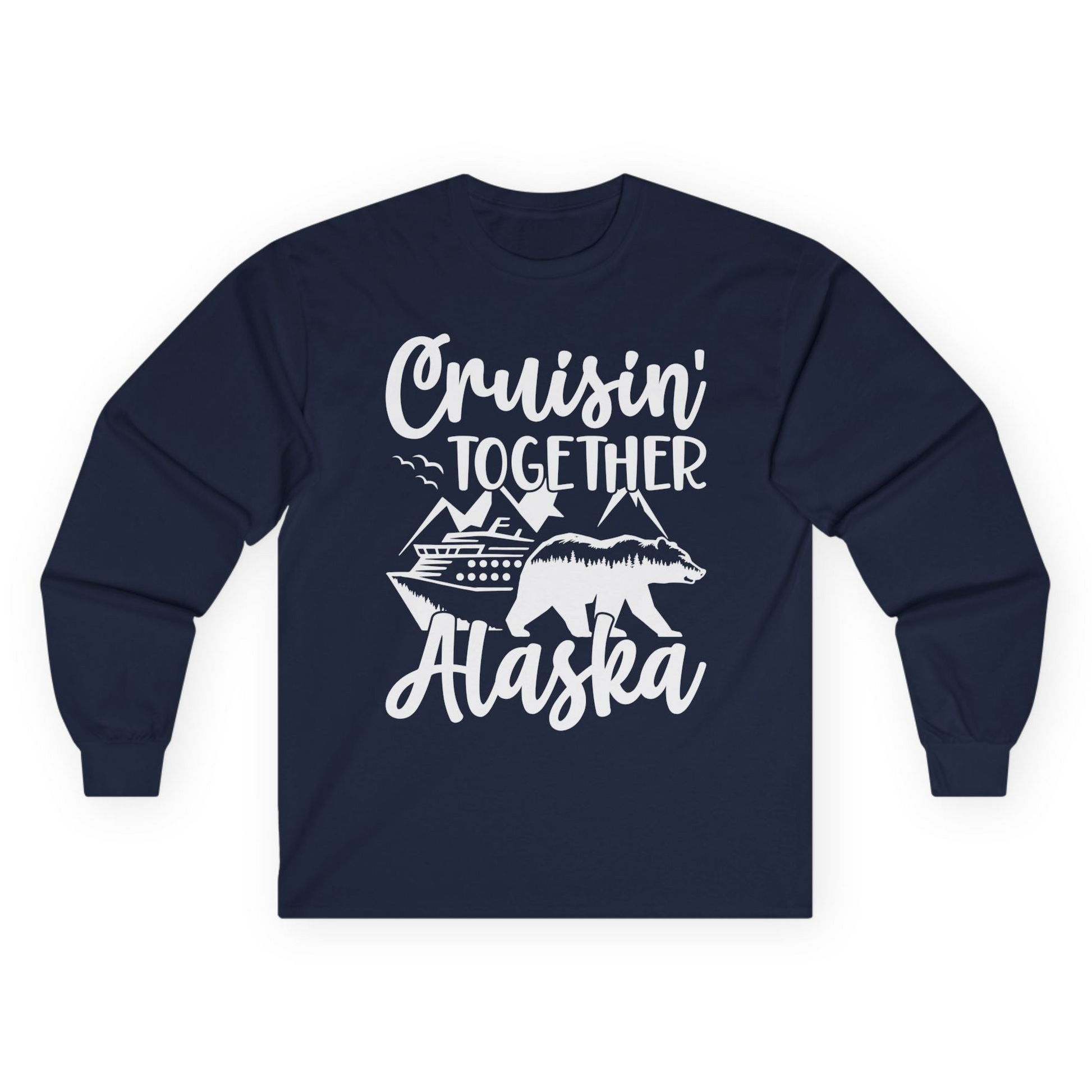 Alaska Cruise Adventure Shirt - Cruisin Together Bear Mountains Scene Long Sleeve Shirt – Navy – Alaska Cruise Shirts
