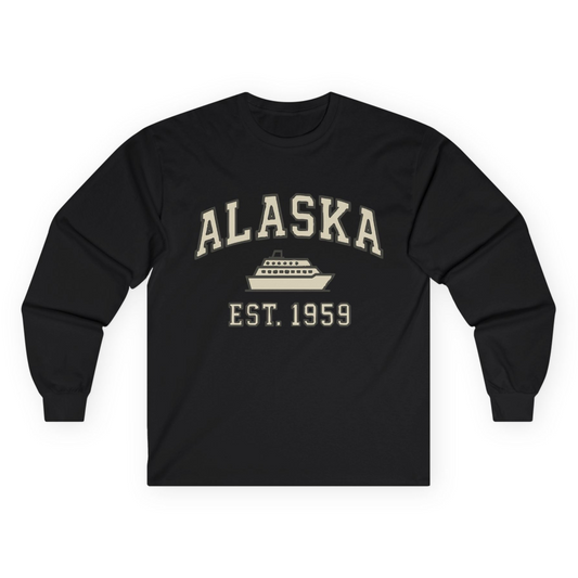 Alaska Cruise Shirt - Vintage Collegiate Ship Est 1959 Nautical Design Long Sleeve Shirt – Black – Alaska Cruise Shirts