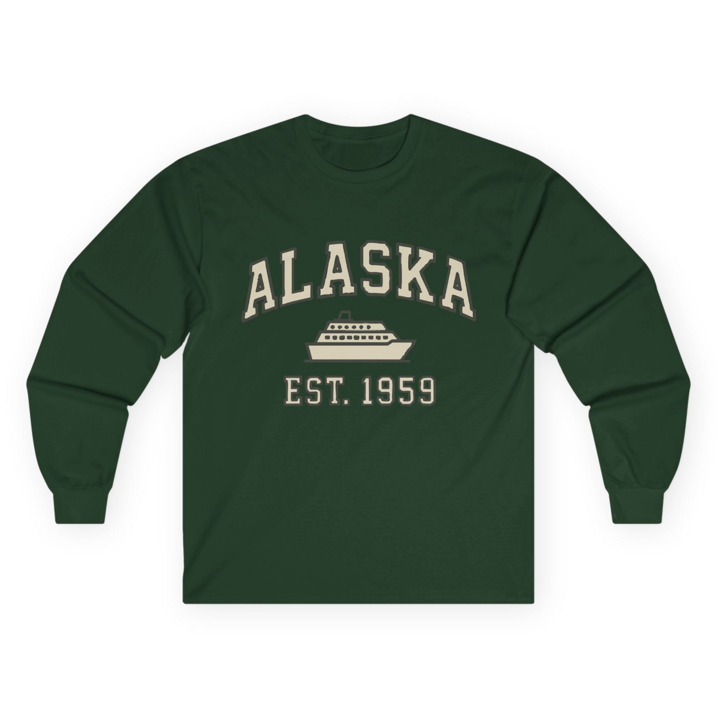 Alaska Cruise Shirt - Vintage Collegiate Ship Est 1959 Nautical Design Long Sleeve Shirt – Forest Green – Alaska Cruise Shirts