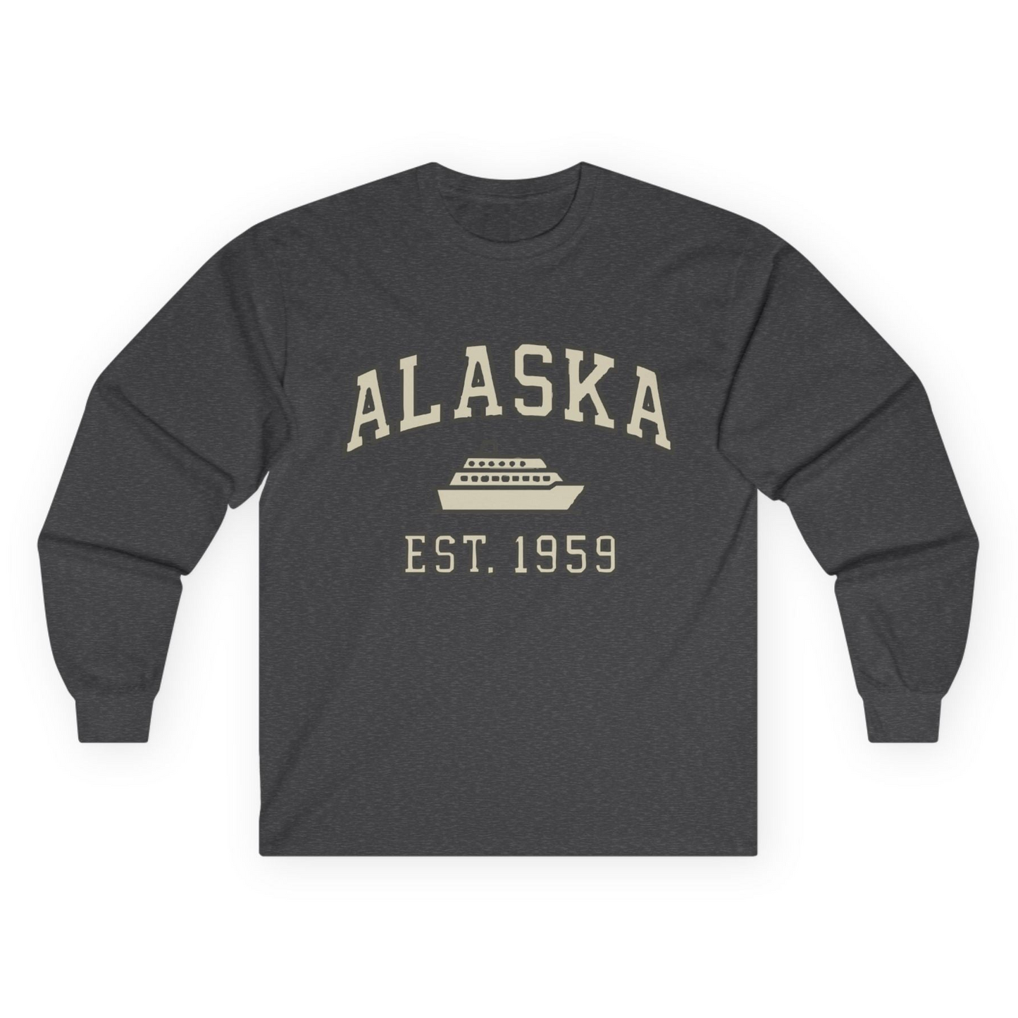 Alaska Cruise Shirt - Vintage Collegiate Ship Est 1959 Nautical Design Long Sleeve Shirt – Dark Heather – Alaska Cruise Shirts