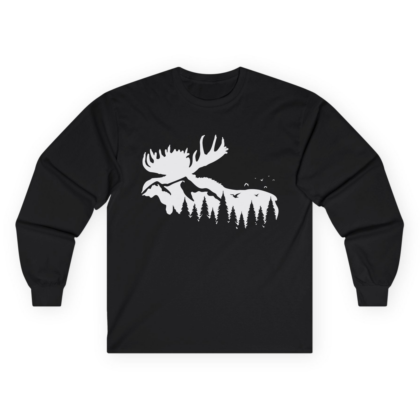 Moose Silhouette Forest Scene Shirt - Alaska Wilderness Nature Tee Long Sleeve Shirt – Black – Alaska Cruise Shirts