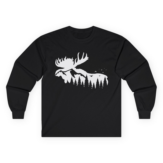 Moose Silhouette Forest Scene Shirt - Alaska Wilderness Nature Tee Long Sleeve Shirt – Black – Alaska Cruise Shirts