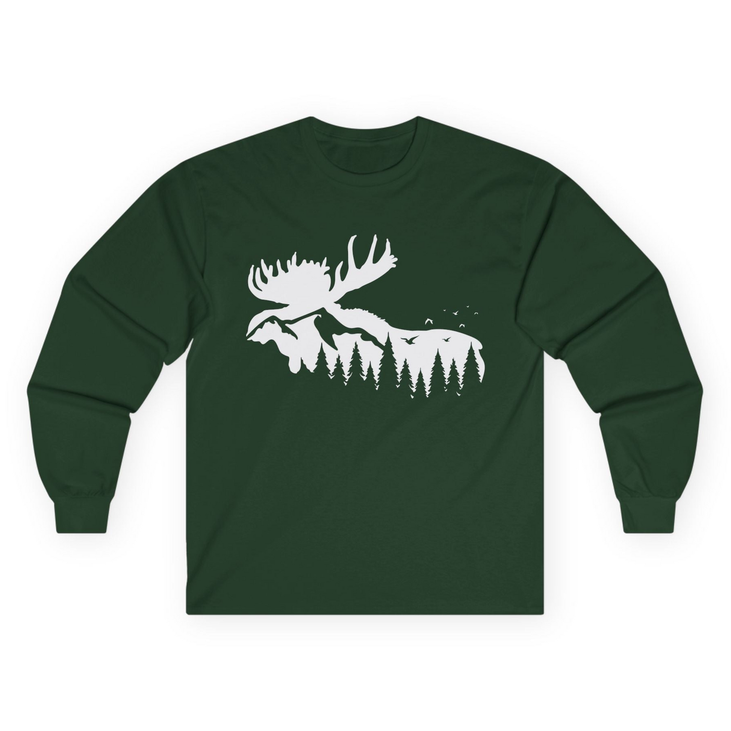 Moose Silhouette Forest Scene Shirt - Alaska Wilderness Nature Tee Long Sleeve Shirt – Forest Green – Alaska Cruise Shirts