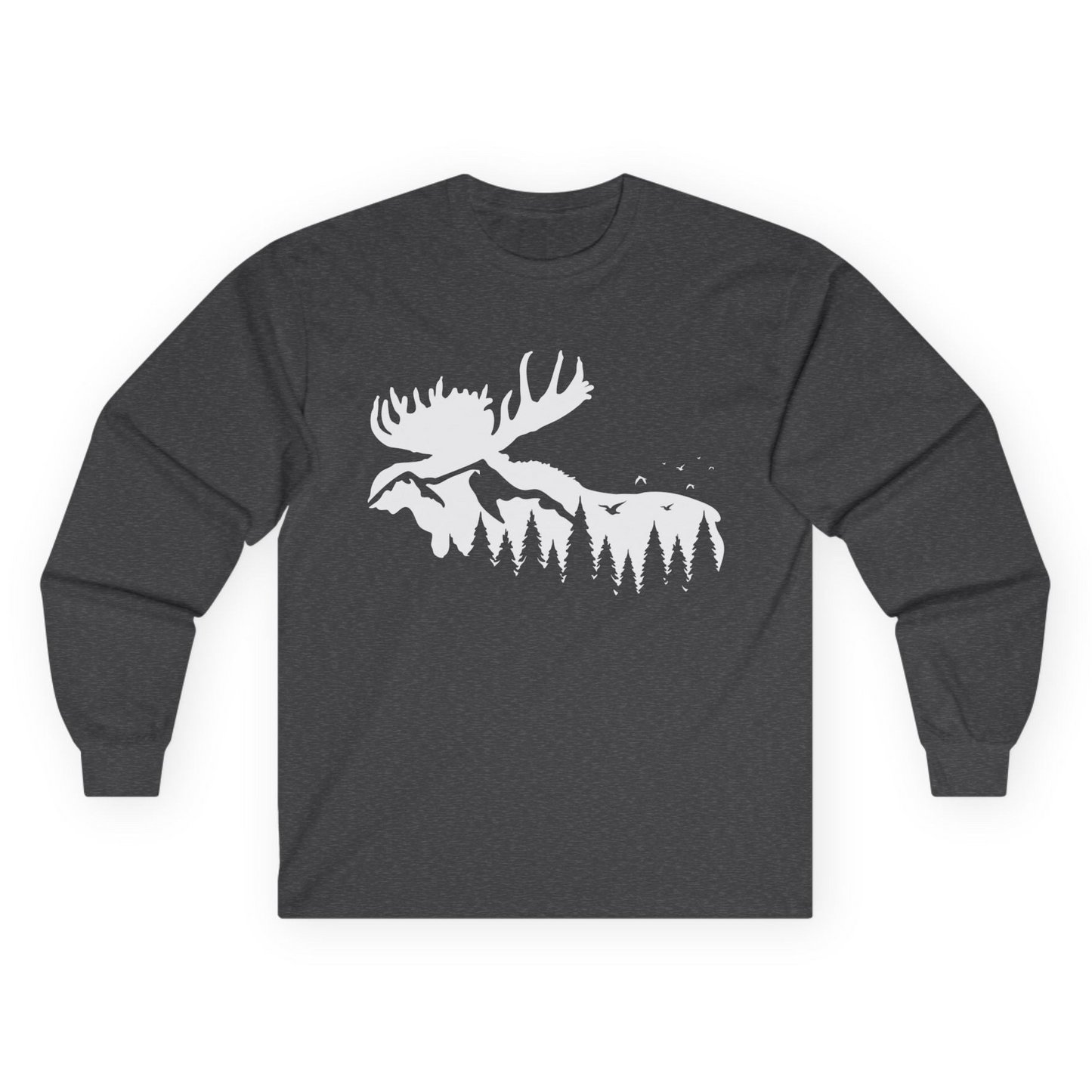 Moose Silhouette Forest Scene Shirt - Alaska Wilderness Nature Tee Long Sleeve Shirt – Dark Heather – Alaska Cruise Shirts