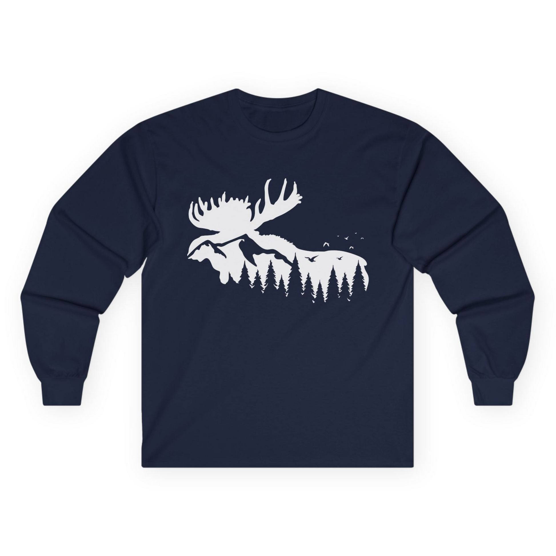 Moose Silhouette Forest Scene Shirt - Alaska Wilderness Nature Tee Long Sleeve Shirt – Navy – Alaska Cruise Shirts