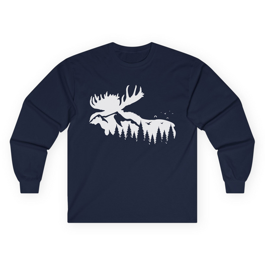 Moose Silhouette Forest Scene Shirt - Alaska Wilderness Nature Tee Long Sleeve Shirt – Navy – Alaska Cruise Shirts