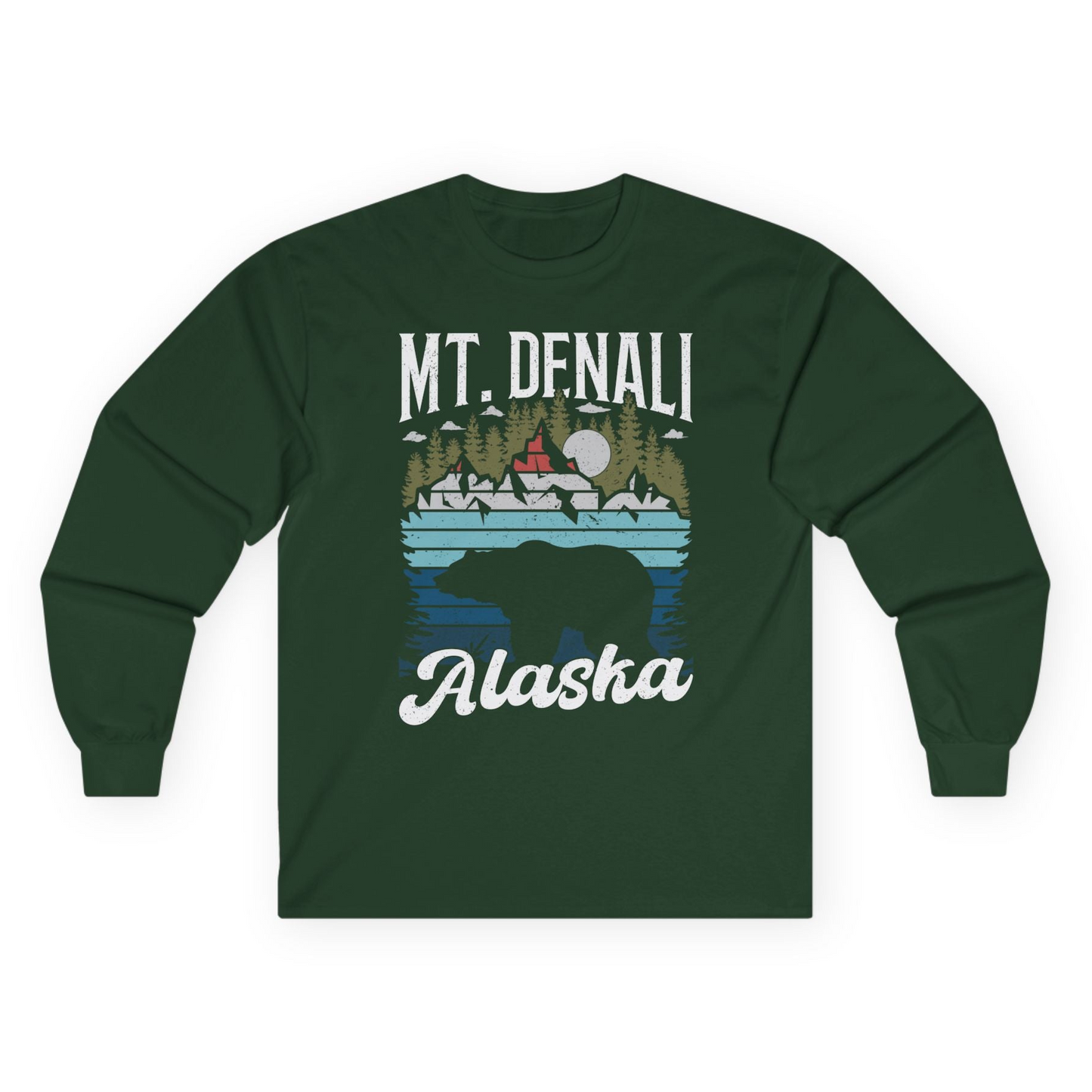 Mt Denali Alaska Bear Wilderness Shirt - Vintage Distressed Outdoor Tee Long Sleeve Shirt – Forest Green – Alaska Cruise Shirts