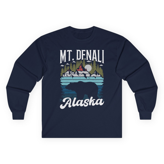 Mt Denali Alaska Bear Wilderness Shirt - Vintage Distressed Outdoor Tee Long Sleeve Shirt – Navy – Alaska Cruise Shirts