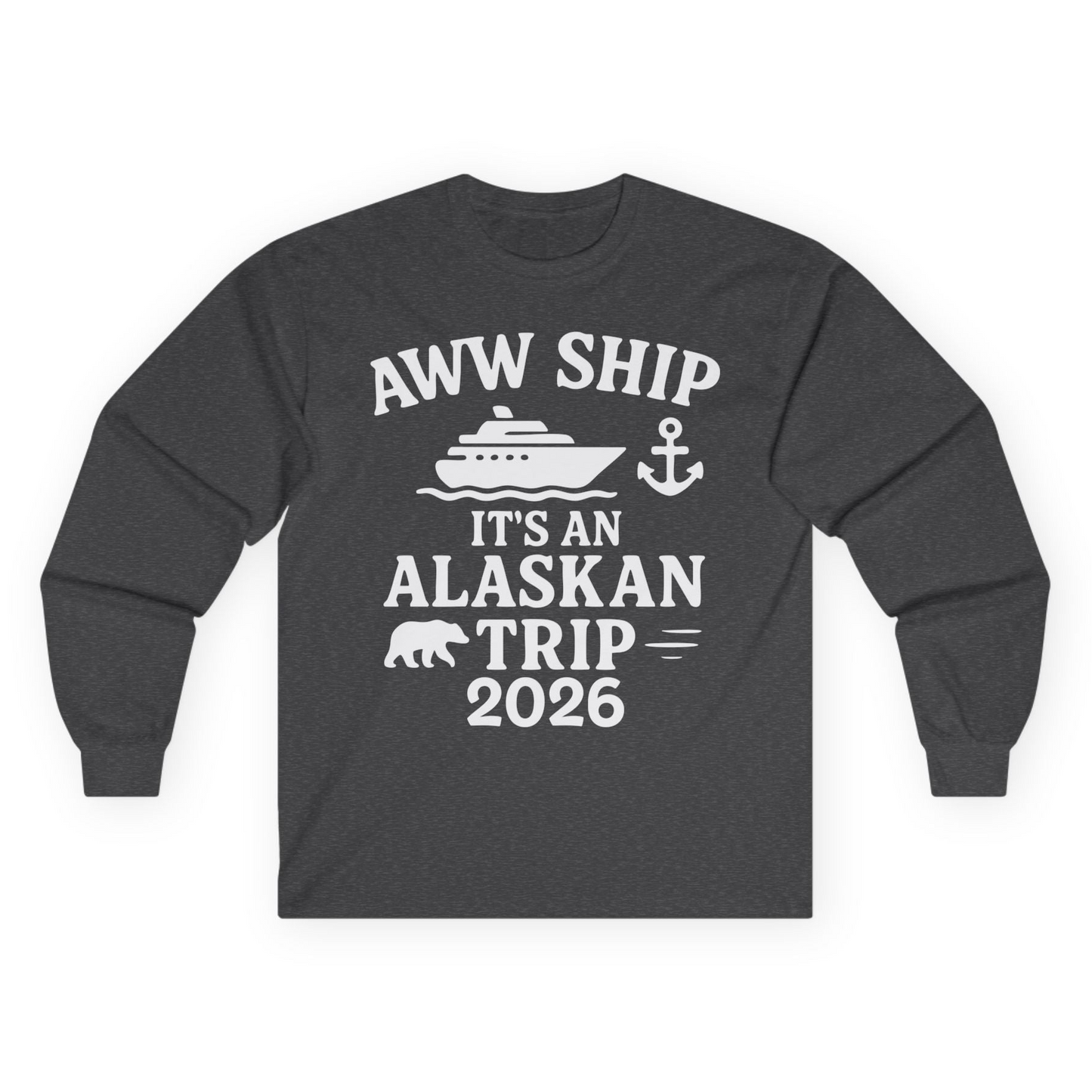 Alaska Cruise Shirt - Alaskan Trip 2026 Ship Anchor Bear Family Tee Long Sleeve Shirt – Dark Heather – Alaska Cruise Shirts
