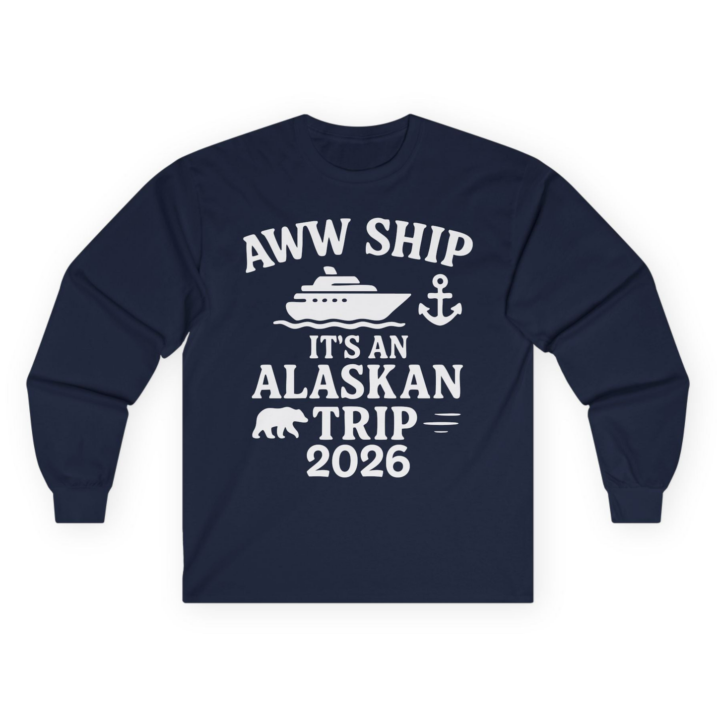 Alaska Cruise Shirt - Alaskan Trip 2026 Ship Anchor Bear Family Tee Long Sleeve Shirt – Navy – Alaska Cruise Shirts