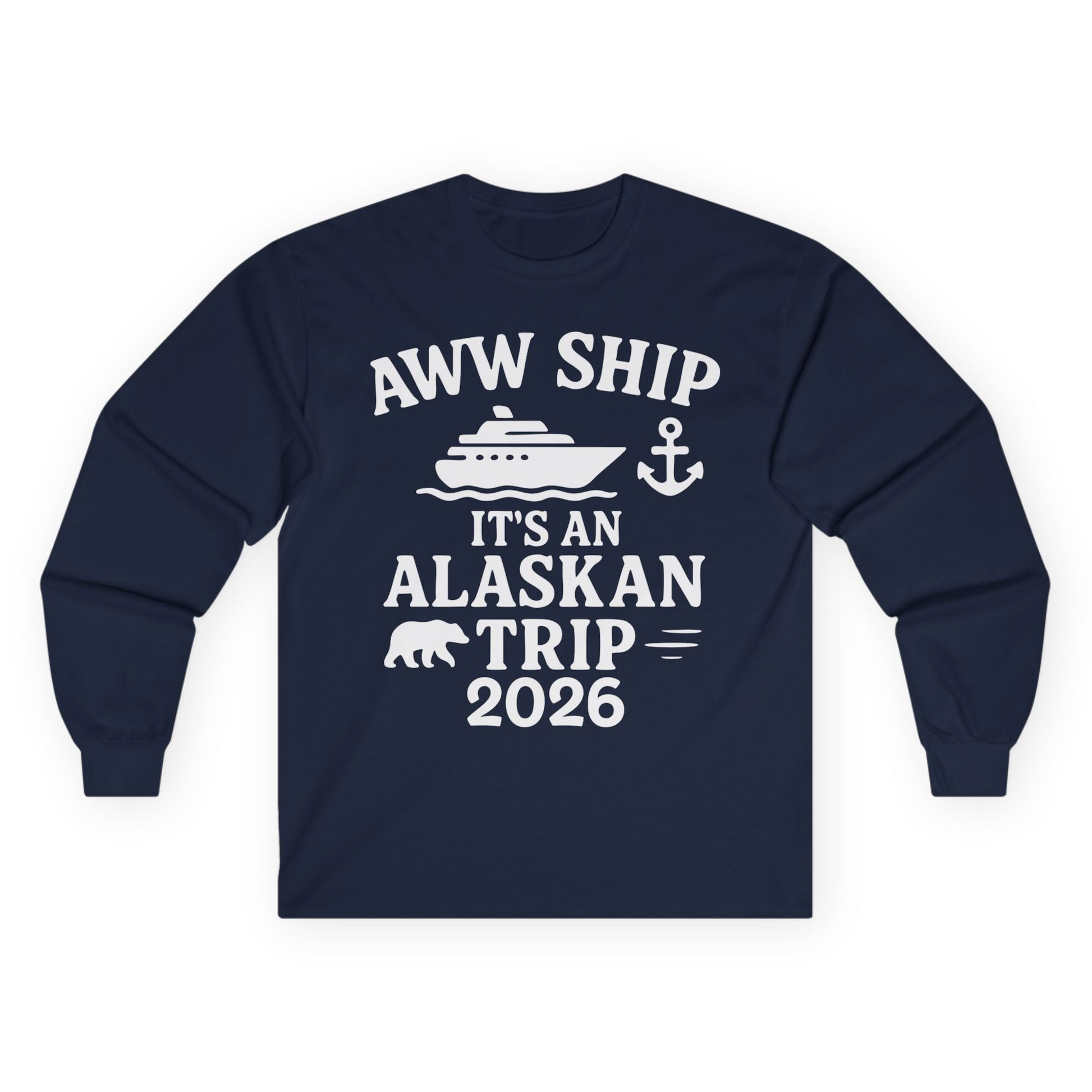 Alaska Cruise Shirt - Alaskan Trip 2026 Ship Anchor Bear Family Tee Long Sleeve Shirt – Navy – Alaska Cruise Shirts