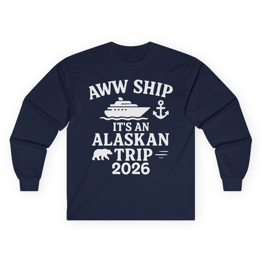 Alaska Cruise Shirt - Alaskan Trip 2026 Ship Anchor Bear Family Tee Long Sleeve Shirt – Navy – Alaska Cruise Shirts