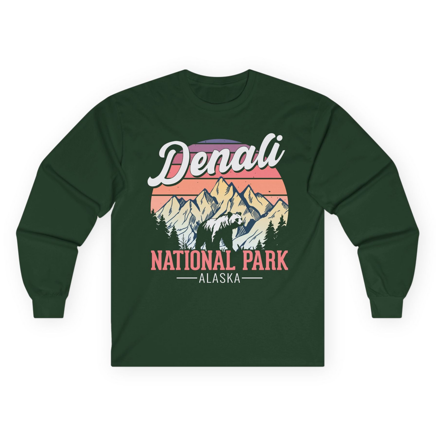 Retro Denali National Park Alaska Bear Mountains Vintage Shirt Long Sleeve Shirt – Forest Green – Alaska Cruise Shirts