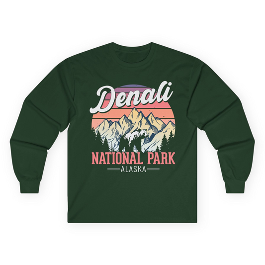 Retro Denali National Park Alaska Bear Mountains Vintage Shirt Long Sleeve Shirt – Forest Green – Alaska Cruise Shirts