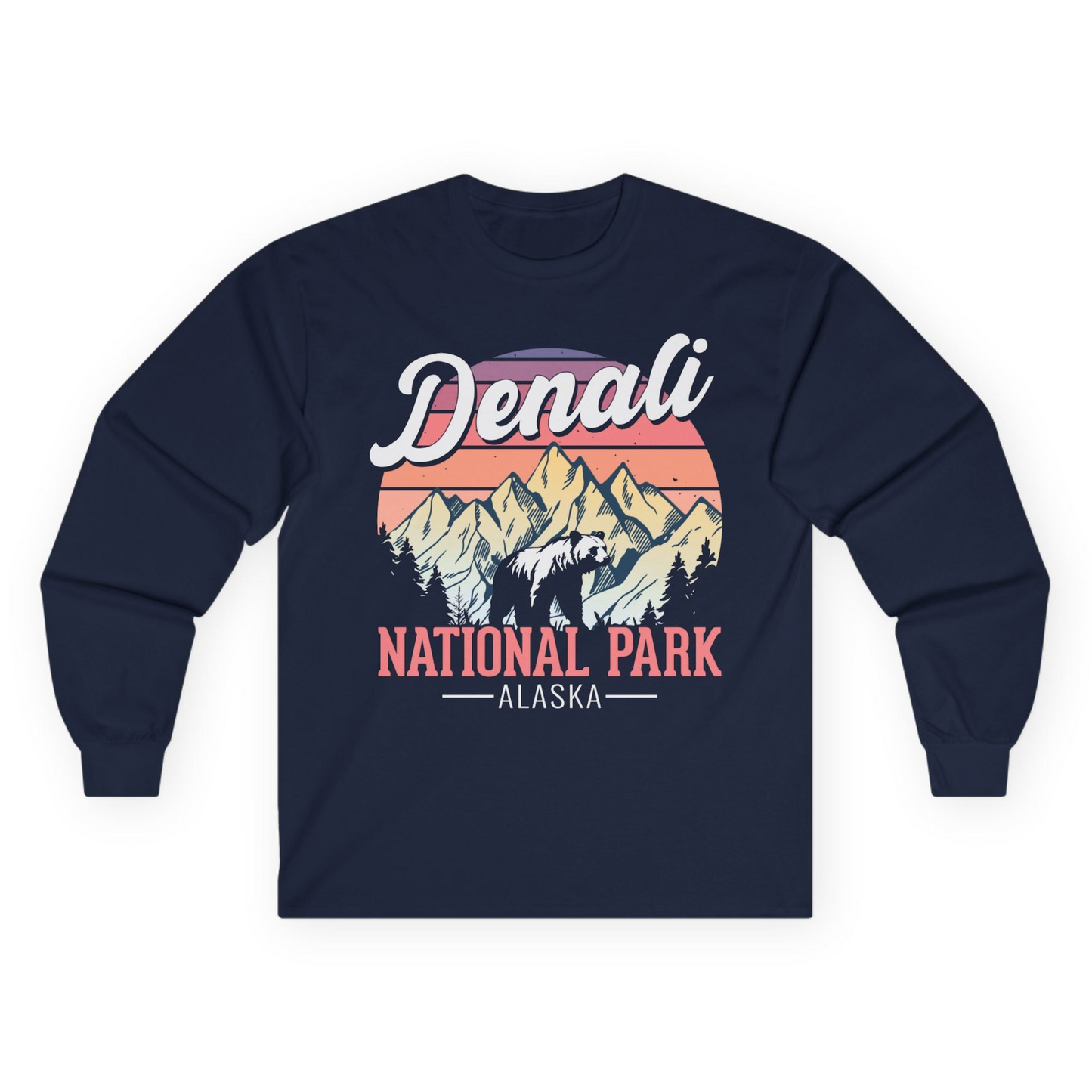 Retro Denali National Park Alaska Bear Mountains Vintage Shirt Long Sleeve Shirt – Navy – Alaska Cruise Shirts