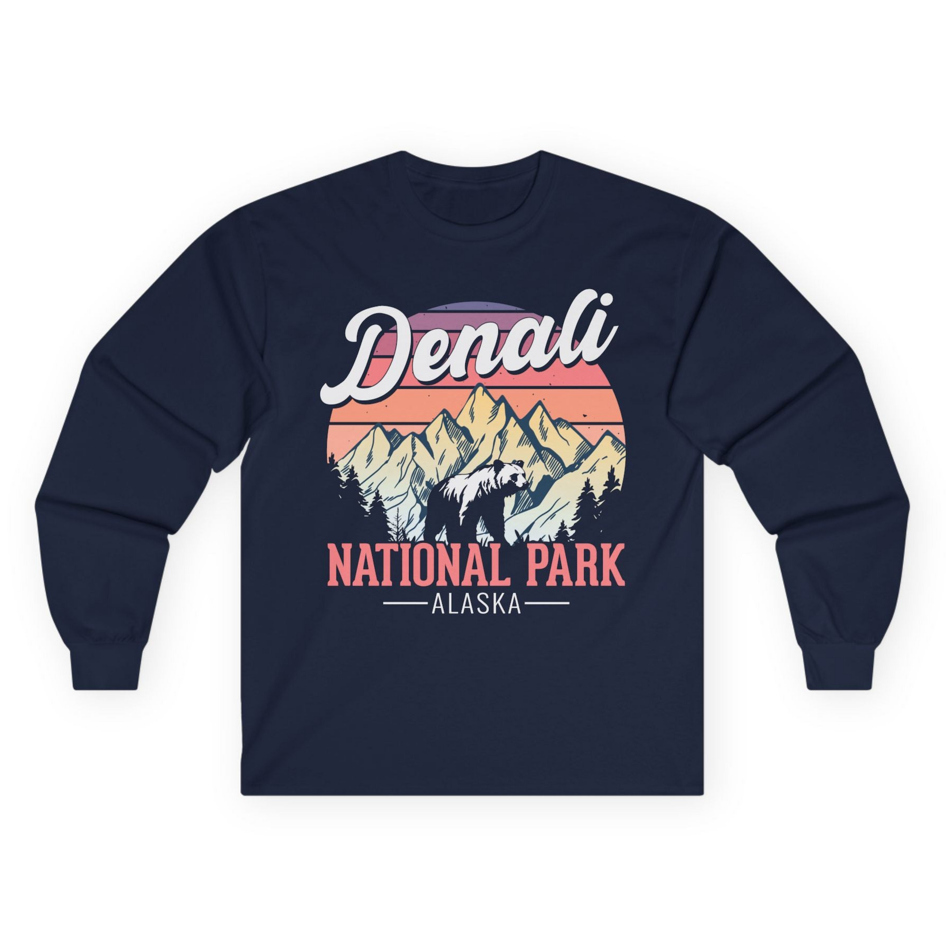 Retro Denali National Park Alaska Bear Mountains Vintage Shirt Long Sleeve Shirt – Navy – Alaska Cruise Shirts