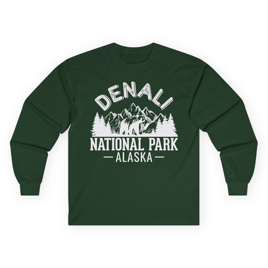 Denali National Park Bear Mountains Vintage Alaska Nature Shirt Long Sleeve Shirt – Forest Green – Alaska Cruise Shirts