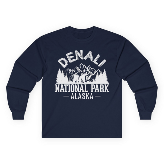 Denali National Park Bear Mountains Vintage Alaska Nature Shirt Long Sleeve Shirt – Navy – Alaska Cruise Shirts