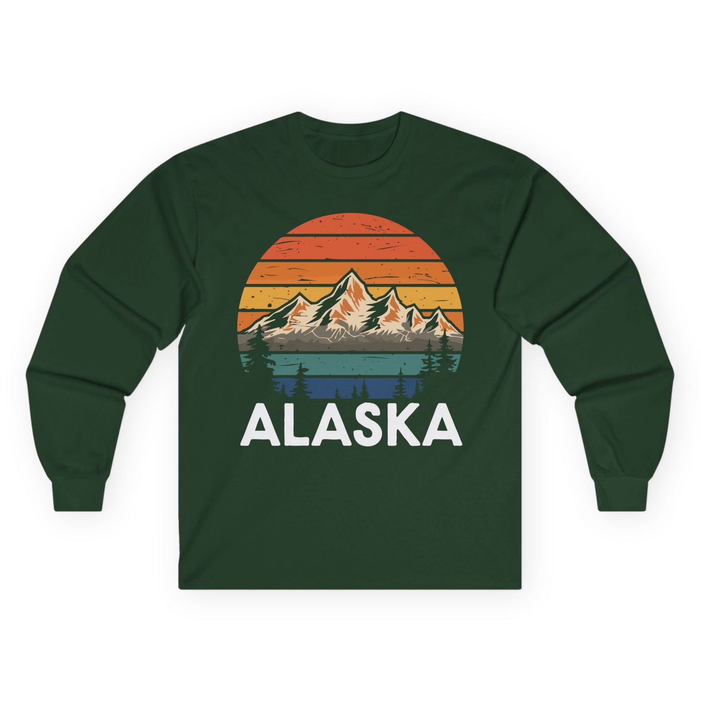 Retro Alaska Mountain Scenery Shirt - Vintage Denali Sunset Tee Long Sleeve Shirt – Forest Green – Alaska Cruise Shirts