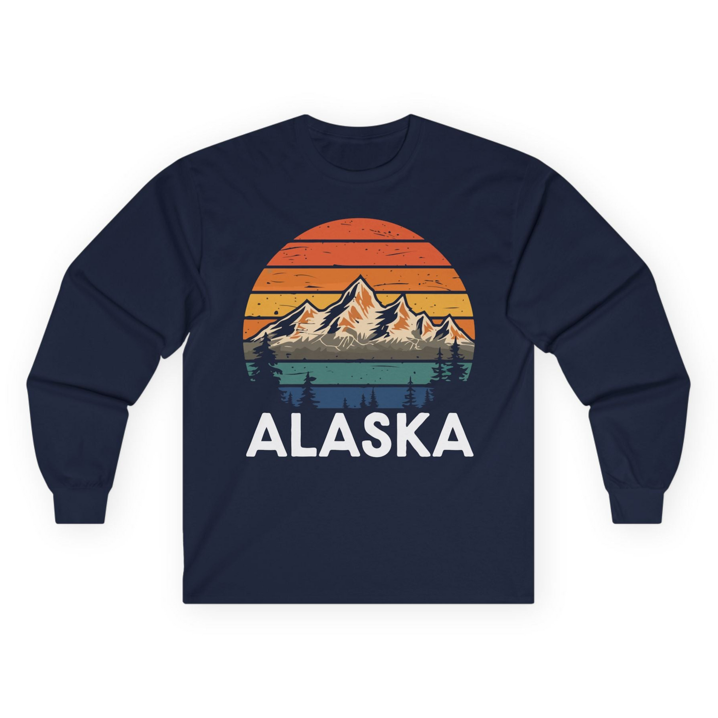 Retro Alaska Mountain Scenery Shirt - Vintage Denali Sunset Tee Long Sleeve Shirt – Navy – Alaska Cruise Shirts