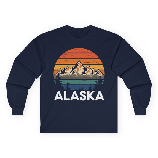 Retro Alaska Mountain Scenery Shirt - Vintage Denali Sunset Tee Long Sleeve Shirt – Navy – Alaska Cruise Shirts