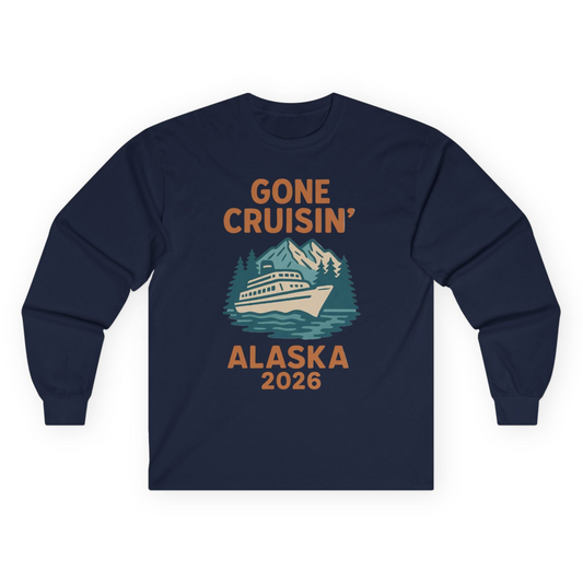 Gone Cruisin Alaska 2026 Retro Cruise Ship Nature Scenery Shirt Long Sleeve Shirt – Navy – Alaska Cruise Shirts