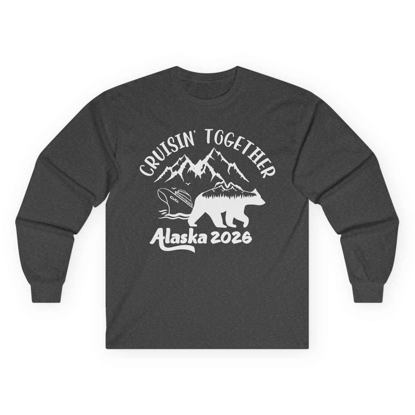 Cruisin Together Alaska 2026 Bear Mountain Group Cruise Shirt Long Sleeve Shirt – Dark Heather – Alaska Cruise Shirts